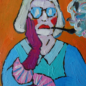 obraz ręcznie malowany portret babci z drinkiem