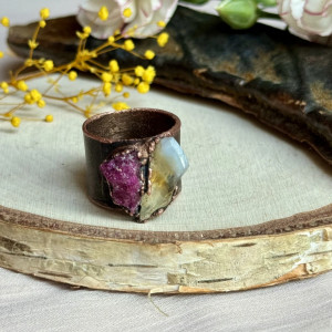 miedziany pierścień z cytrynem i rubinem r.20