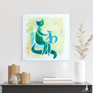 Kotka i piesek, obraz w odcieniach avocado malowany na płótnie