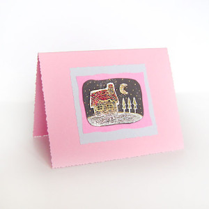 różowe kartki świąteczne bajkowe kartki ręcznie rysowane, domek kartka, kartka z domkiem, pastelowe kartki na Boże Narodzenie, kartki na Nowy Rok