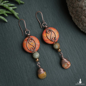 Kolczyki miedziane unikatowe wire wrapping - jaspis, epidot, hematyt i agat koronkowy