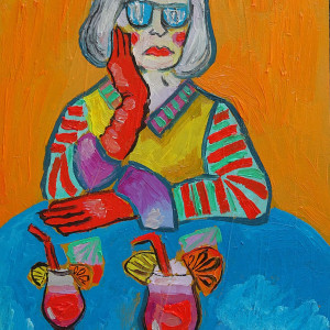 obraz ręcznie malowany portret babcia z drinkiem