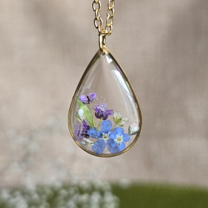 Bukiet kwiatowy łąka Złota zawieszka złoty wisiorek kwiat naszyjnik żywica z żywicy kwiaty łezka łza niezapominajki