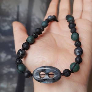 Męski naszyjnik z kamieni naturalnych, larvikit, lawa, agat mszysty