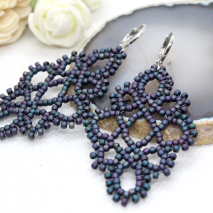 koronkowe kolczyki z matowych koralików - fioletowe