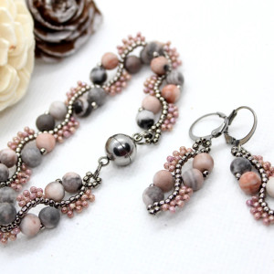 komplet biżuterii z kamieni naturalnych - jaspis pink zebra