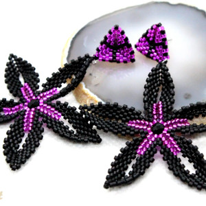 eleganckie kolczyki - kwiaty - matowa czerń i róż