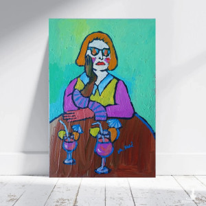 obraz ręcznie malowany portret babcia z drinkiem