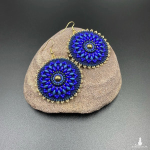 Koralikowe kolczyki koła granatowo-złote #845