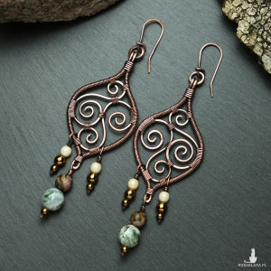 Kolczyki miedziane Afryka unikatowe etniczne z agatem mszystym i rodonitem