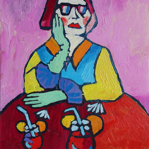 obraz ręcznie malowany portret babcia z drinkiem