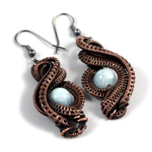 Akwamaryn, Miedziane kolczyki z akwamarynem, patynowane ręcznie wykonane, prezent dla niej, prezent dla mamy, prezent urodzinowy, biżuteria