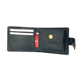 Czarny portfel skórzany na bilon ręcznie uszyty.