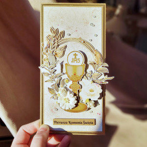 Złocista kartka komunijna ręcznie robiona