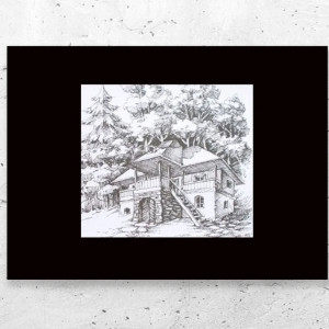 czarno biały plakat A4, skandynawski plakat 21x30, biało czarny obrazek do domu, mały plakat na ścianę, plakat do sypialni, obrazek z chatką, chatka plakat, pejzaż plakat, krajobraz plakat