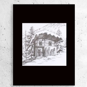 skandynawski plakat A4, biało czarny obrazek z chatką, pejzaż plakat na ścianę, chatka plakat A4, mały obrazek do domu, mały plakat biało czarny, krajobraz plakat 21x30