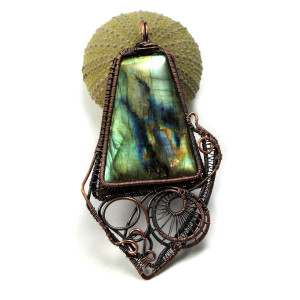 Labradoryt, miedziany duży wisior z niebieskim  labradorytem, ręcznie wykonany, prezent dla niej, prezent dla mamy, prezent urodzinowy, handmade, wire wrapped