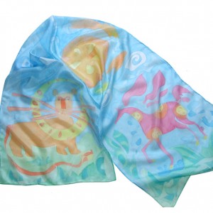 Jedwabny malowany Szal Baśniowy Koń i Lew