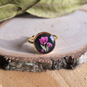 Złoty pierścionek regulowany kwiaty z kwiatami kwiatem duży czarny różowa gipsówka