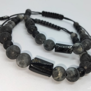 Bransoleta / bransoletka męska. Czarny turmalin i czarny labradoryt - larvikit