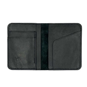 Czarny portfel ręcznie uszyty ze skóry.