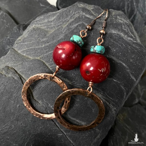 kolczyki miedź, koral i turkus
