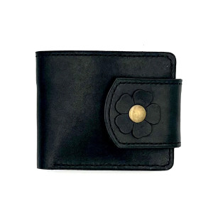 Czarny portfel skórzany ręcznie uszyty na bilon.