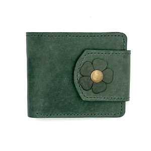 Zielony damski portfel skórzany ręcznie uszyty na bilon i karty.