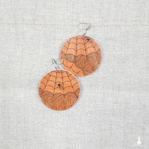 6494 rude, brązowe, niepowtarzalne, duże, dwustronne kolczyki; 4 w 1; pajęczyna, pająk