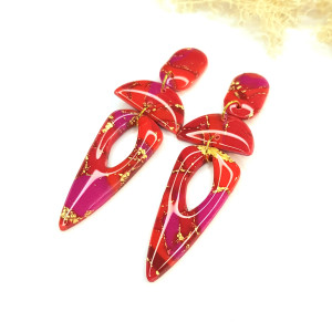 Kolczyki Płomienna Miłość czerwono-różowe ze złotymi akcentami 8cm