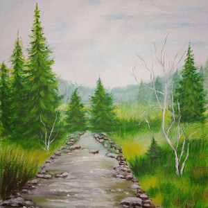 OBRAZ RĘCZNIE MALOWANY AKRYLOWY "ŚCIEŻKĄ W NIEZNANE" - 30x24cm