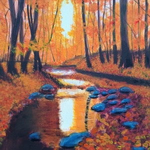 OBRAZ RĘCZNIE MALOWANY AKRYLOWY "W JESIENNEJ ODSŁONIE" - 30x24cm