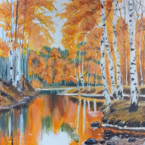 OBRAZ RĘCZNIE MALOWANY AKRYLOWY "JESIENNE BRZÓZKI" - 30x24cm