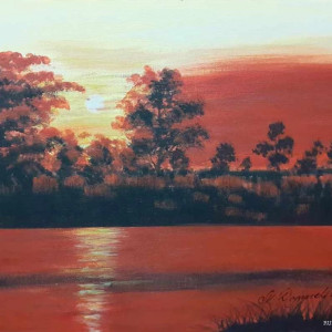 OBRAZ RĘCZNIE MALOWANY AKRYLOWY "SKĄPANE W SŁOŃCU" - 30x24cm