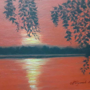 OBRAZ RĘCZNIE MALOWANY AKRYLOWY "OGNISTY ZACHÓD" - 30x24cm