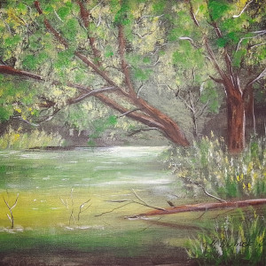 OBRAZ RĘCZNIE MALOWANY AKRYLOWY "POD DRZEWEM" - 30x24cm