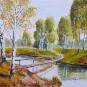 OBRAZ RĘCZNIE MALOWANY AKRYLOWY "PO DRUGIEJ STRONIE RZEKI" - 30x24cm