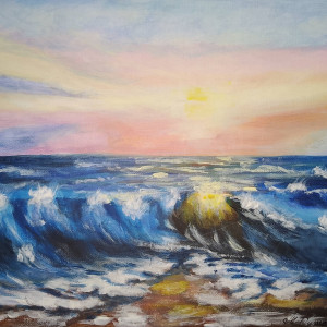 OBRAZ RĘCZNIE MALOWANY AKRYLOWY "NAD WZBURZONYM MORZEM" - 30x24cm