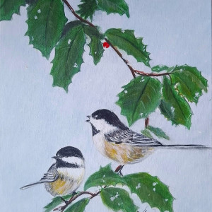 OBRAZ RĘCZNIE MALOWANY AKRYLOWY "NA WSPÓLNEJ GAŁĄZCE" - 30x24cm