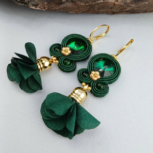 Kolczyki sutaszowe sutasz/soutache zielone zieleń butelkowa z kryształkami i kwiatami DAISY 007/25