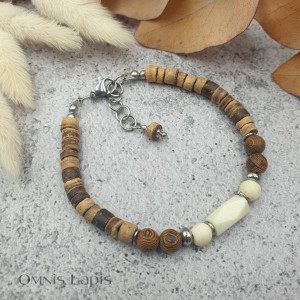 Bransoletka etno - bawola kość i drewno egzotyczne