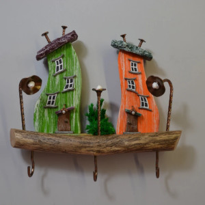 Drewniany wieszak na klucze kolorowe kszywe domki, Dekoracyjne haki na ściane, Organajzer na klucze