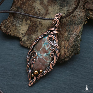 Wisior miedziany naszyjnik azuryt z chryzokolą wire wrapping