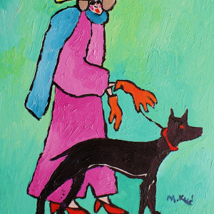 obraz ręcznie malowany portret wesoła babcia na spacerku z pieskiem