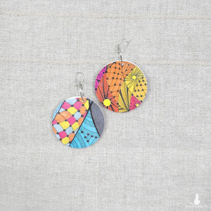 6490 kolorowe, niepowtarzalne, duże, dwustronne kolczyki; 4 w 1; pomarańczowe, żółte, abstrakcja