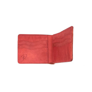 Czerwony portfel skórzany ręcznie uszyty.