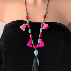 Naszyjnik Boho Skull Chwosty Róż i Turkus nasz25.26