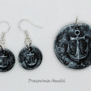 polymer clay monetki kotwica komplet srebrny