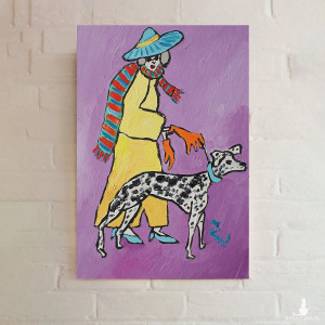 obraz ręcznie malowany portret wesoła babcia z pieskiem