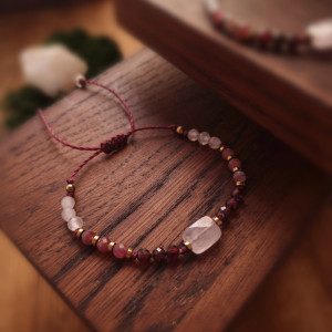 Bransoletka ✦ Kwarc Różowy, Granat, Różowy Turmalin